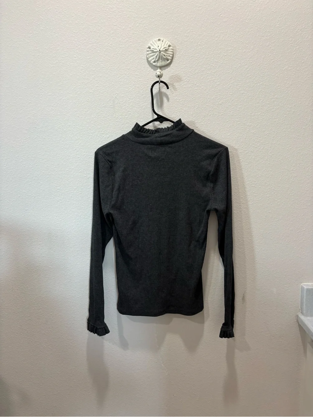 J. Crew Charcoal Ruffle Mock Neck Long Sleeve Top